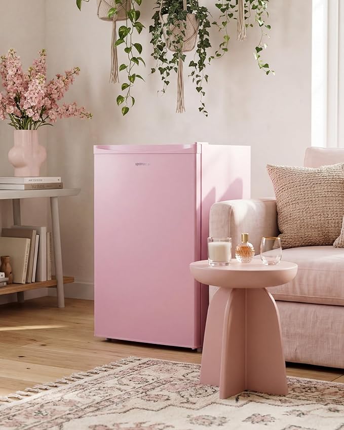 Upstreman 3.2 Cu.Ft Mini Fridge with Freezer, Single Door Compact Refrigerator, Adjustable Thermostat, Small Refrigerator for Dorm, Bedroom, Office, Pink-BR321
