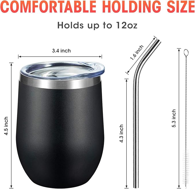 COMOOO 12oz Stainless Steel Wine Tumbler with Lid and Straw, Double Wall Vacuum Insulated Wine Tumbler Cup, Stemless Wine Tumbler for Cold and Hot Drinks, Coffee, Wine, Cocktails, Black, 12 Pack