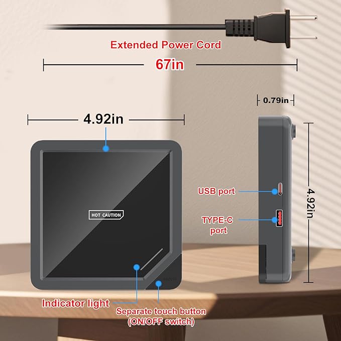 Coffee Mug Warmer with 2 USB Charging Ports: Auto Shut-Off Candle Wax Warmer - Heated Beverage Coffee Accessories for Home Office Desk - U1 Black
