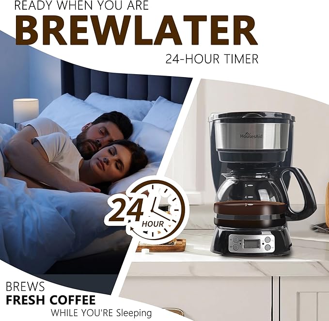 5-Cup Programmable Drip Coffee Maker with Digital Timer, Glass Carafe,24-Hour Auto Brew,2-Hour Auto Shut-Off, Pause & Pour, Removable Filter Basket,Compact Coffee Machine for Home & Office