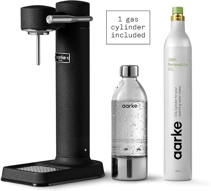 Aarke Carbonator lll with CO2 Cylinder, Sparkling & Carbonation Water Machine, Stainless Steel with PET BPA-Free Reusable Bottle Volume 1L/34 fl oz (Matte Black)