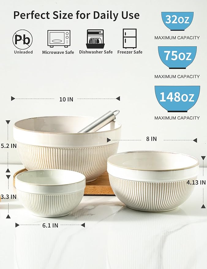 Large Ceramic Mixing Bowls, Glazed White Kitchen Bowl (10"/8"/6"), Set of 3 Nesting Bowls for Baking, Cooking, Serving, Prepping, Dough Kneading, Microwave and Dishwasher Safe
