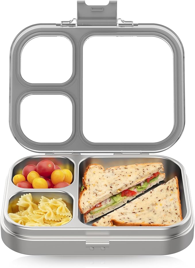 HOMEKOL Stainless Steel Bento Lunch Box, 3-Compartment Leak-Proof Lunch Container for Kids & Adults, BPA/BPS-Free 304 Metal Food Box, Dishwasher Safe, Clear Tritan Lid, Grey (Not Insulated)