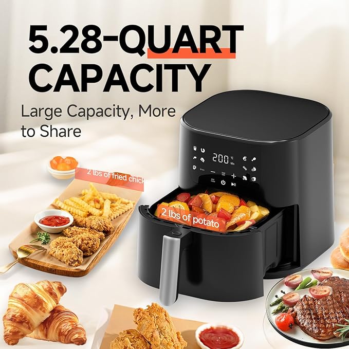 QIDO Air Fryer 8-in-1 with 5 QT Capacity,180°-450°F Precision Heating, Air Fry, Roast, Broil, Reheats, Dehydrates, Less Oil, Features Shake Reminder, Large Touch Display with Auto Menus, Dark Black