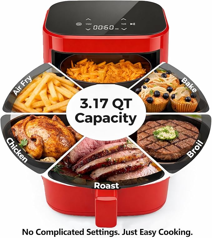 Simple Deluxe 8-in-1 Air Fryer 3 Qt, Digital Preset Airfryer with Overheat Protection and Auto Shut-Off, Nonstick and Dishwasher-Safe Basket for Fries, Bake, Roast, 60-Min Timer, Max 400°F, 800W, Red