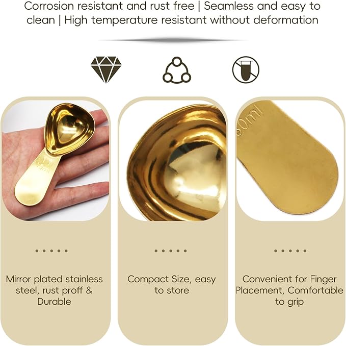 Hitefu 2 Packs Stainless Steel Coffee Scoop Set, 15ml Tablespoon with 30ml Spoon, Short Handle Spoon for Coffee, Tea, Sugar, Protein & Milk Powder (Gold)