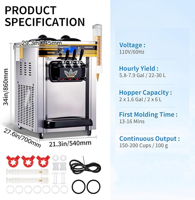 VEVOR Commercial Ice Cream Maker, 22-30L/H Yield, Countertop Soft Serve Machine with 2x6L Hopper 2L Cylinder LCD Panel Puffing Shortage Alarm, Frozen Yogurt Maker for Restaurant Snack Bar