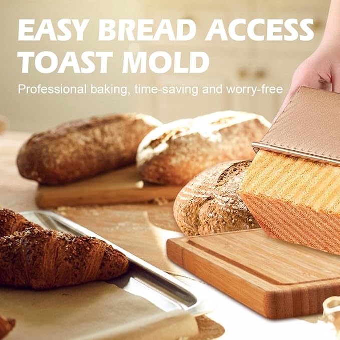 2Pack Bread Loaf Pan with Lids 1 LB Dough Capacity, Non-Stick Carbon Steel Pullman Loaf Pan for Homemade Sandwich and Sourdough Bread, Corrugated Toast Mold Gold