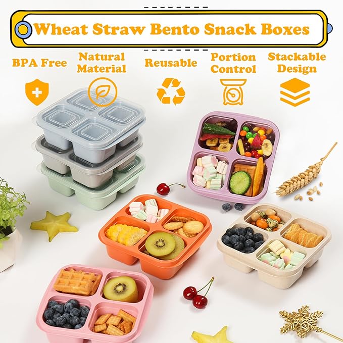 7 Pack Meal Prep Containers, 4 Compartment Bento Snack Boxes, Reusable Divided Lunch Box Containers for Adults, Kids, Toddlers, Travel, Work, School