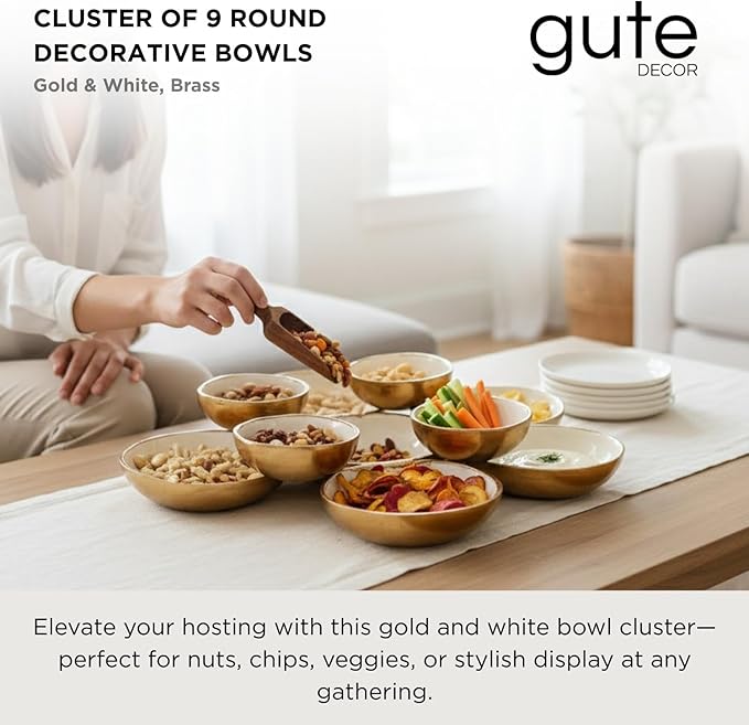Cluster of 9 Serving Bowls, One-Piece Set, Gold White Brass Multi-Bowl Display Tray for Snacks Nuts Chips Appetizers, Modern Home Entertaining Centerpiece Dining Parties Housewarming Wedding Gifts 11"