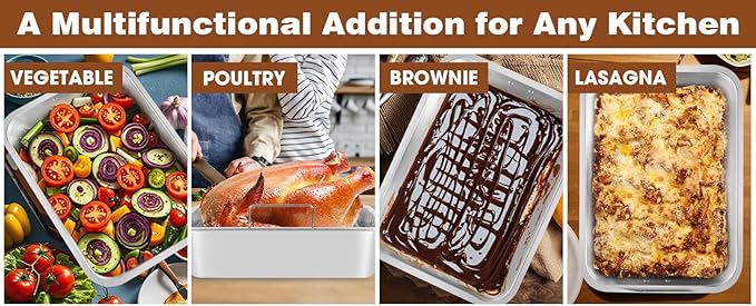 Roasting Pan,VBOYL 16" 3-Piece Roasting Pan Set: Deep Pan + Flat & V-Racks. Ideal for Turkey, Chicken, Veggies, Lasagna. Heavy-Duty, Non-toxic, Easy Clean, Dishwasher Safe.