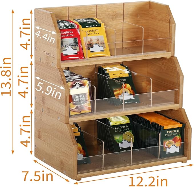 TIOPGHAD 3 Layer Stackable Bamboo Tea Bag Organizer Storage Holder for Tea Bags Wood Tea Box Containers Tea Rack Teabag Station Stand for Cabinet Countertop Office(Patented Design)