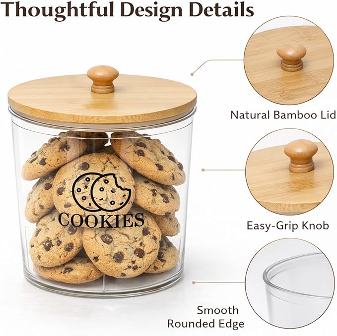 Cookie Jars with Wooden Lids Airtight, 2L Plastic Cookie Tin, Wide Mouth Candy Jar, Kitchen Counter Food Storage Container, Cute Jar for Gift Giving, BPA-Free, Round, Clear