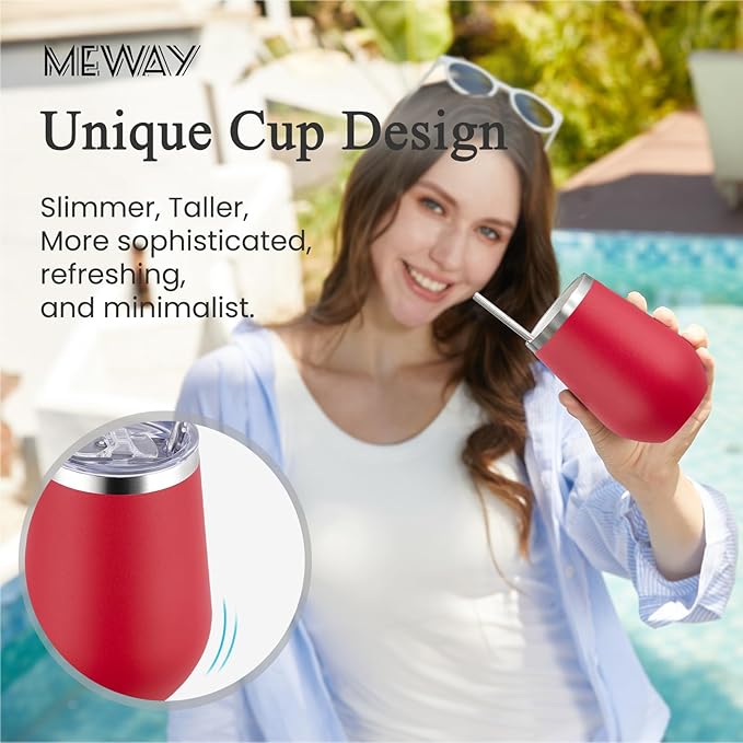 MEWAY Stemless 12oz Insulated Wine Tumbler with Lid and Straw - Double Wall Stainless Steel Thermal Cups for Hot and Cold Drinks, Bridal Shower Prizes for winners(Red,Set of 12)