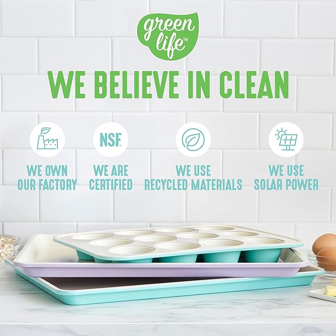 GreenLife 13" x 9" Quarter Sheet Baking Pans, 2 Piece Bakeware Set, PFAS-Free Ceramic Nonstick Rectangular Cookie Trays, Oven Safe to 450°F, Even Heating, Easy Clean Ovenware, Turquoise