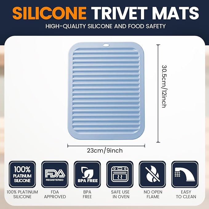 Silicone Trivet Mats 2 Heat Resistant Pot Holders Multipurpose Non-Slip Hot Pads for Kitchen Potholders, Drying mat, Jar Opener, Spoon Holder, Coaster.(Sky Blue)