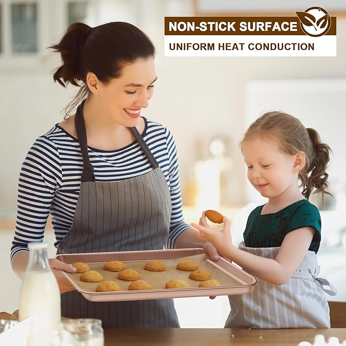 Wildone 2 Pack Jelly Roll Pan, Nonstick Baking Sheet for Oven, Thicker Carbon Steel Cookie Sheet 15x10 Inch, Heavy Duty & Easy Clean, Rose Gold