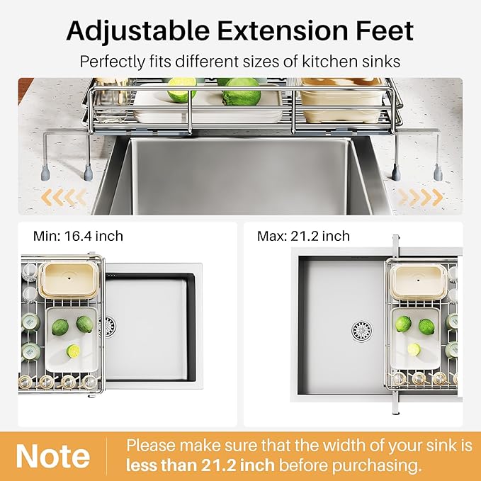 SNTD Dish Drying Rack - Extendable Dish Rack, Large Sink Drying Dish Drainer for Kitchen Counter, Stainless Steel Dish Strainer with Utensil Holder (Silver)