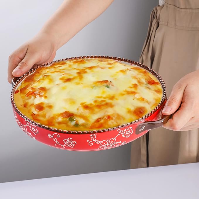 AVLA 2 Pack Ceramic Pie Pan, 9 Inch Round Baking Dish with Double Handle, 28 Ounce Deep Quiche Plate for Kitchen, Cooking, Roasting Lasagna (Sakura, Red)