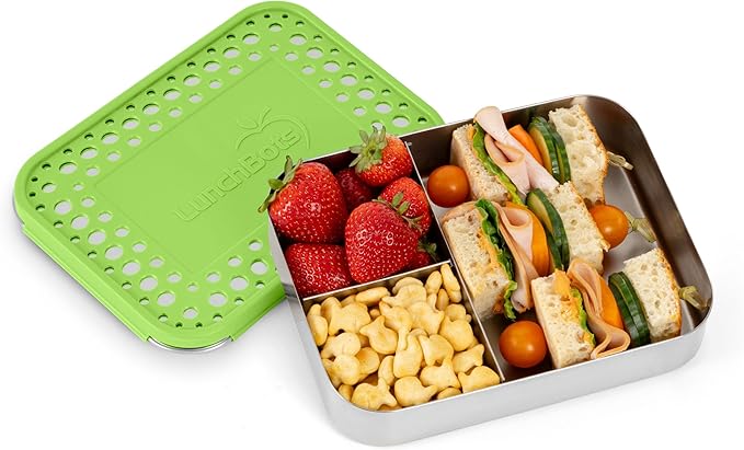 LunchBots Large Trio Stainless Steel Lunch Container -Three Section Design for Sandwich and Two Sides - Metal Bento Lunch Box - Eco-Friendly - Stainless Lid - Green Dots