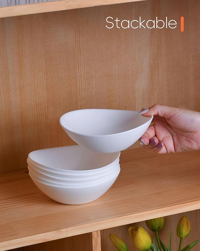 12 OZ Bowl Set of 6, Opal Glass 6 inch Oval Small Ice Cream Bowls for Breakfast Snack Dessert, Side Dishes, Fruit Kitchen, Microwave & Dishwasher Safe, White