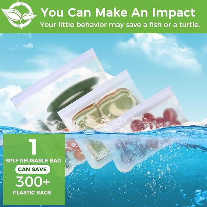 SPLF 10 Pack Dishwasher Safe Reusable Snack Bags, BPA Free Reusable Food Storage Freezer Bags Leakproof Silicone and Plastic Free Lunch Bags Fridge Home Organization