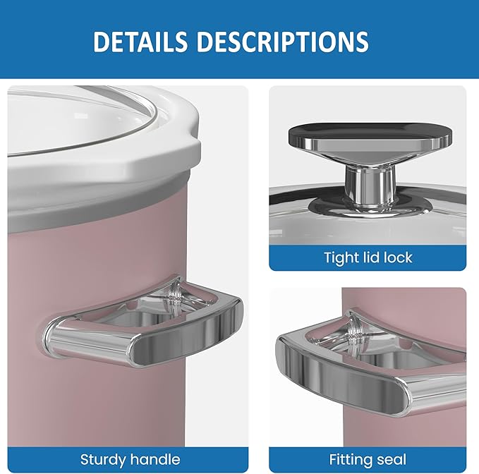 SUNVIVIPRO Small Slow Cooker with Removable Ceramic Pot, Food Warmer with 3 Heating Settings & Dishwasher Safe Glass Lid, Pink