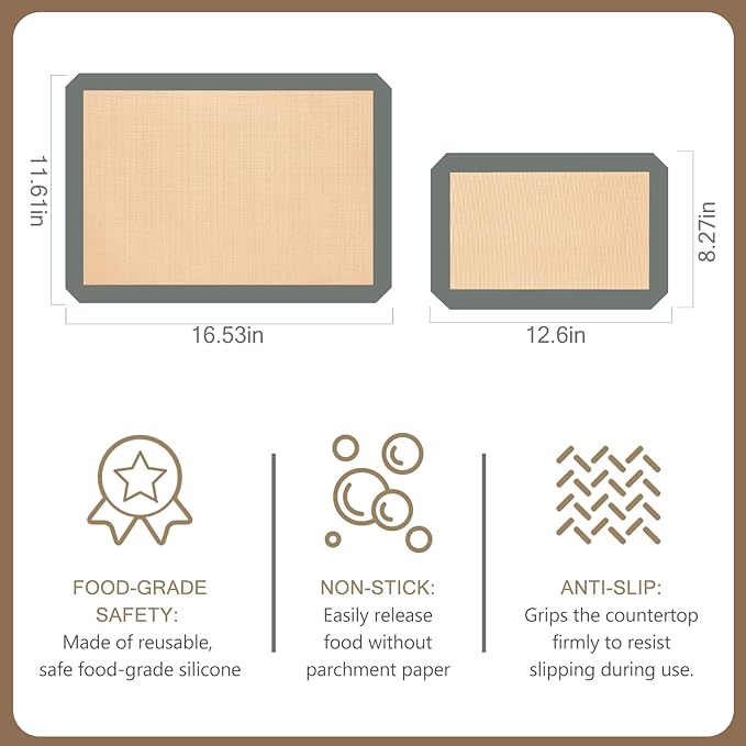 Silicone Baking Mat, Reusable Silicone Mats for Baking Set of 3, Non-Stick Baking Supplies for Pastries, Cookies, Macaroons, Bread