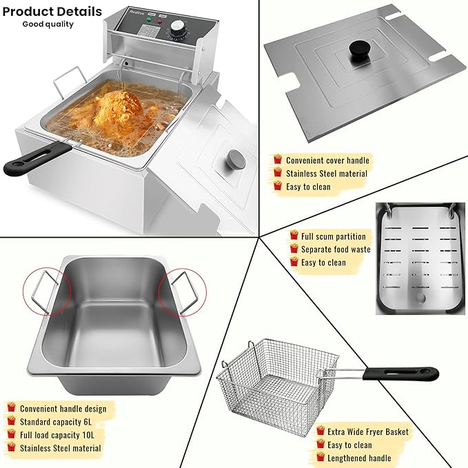 Electric Deep Fryer 10L/10.5QT Stainless Steel Single Tank Commercial Fryer with Basket, 1700W 110V Countertop Deep Fryer for Home Kitchen and Restaurant Use with Oil Thermometer & Temperature Control