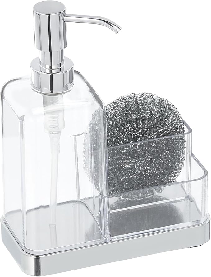 mDesign Plastic Kitchen Sink Countertop Hand Soap Dispenser Pump Bottle Caddy Organizer Holder with Storage for Bathroom - Holds Dish Sponge and Brushes - Omni Collection - Clear/Chrome