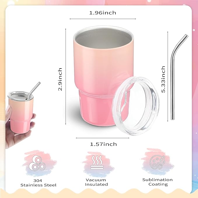 6 Pack 3 oz Gradient Mini Tumbler Shot Glass with Straw and Lid,Sublimation Shot Glasses Stainless Steel Vacuum Insulated Mini Tumblers Cups Gifts for Wedding Cocktail Party