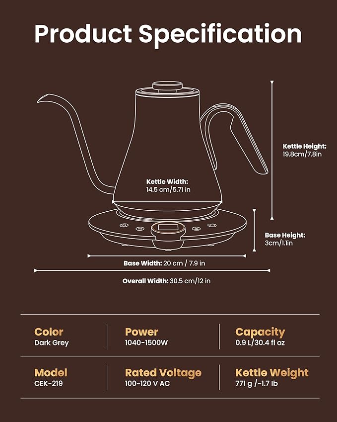INTASTING Electric Kettle, Gooseneck Electric Kettle, ±1℉ Temperature Control, BPA-Free Stainless Steel Inner, Quick Heating, for Pour Over Coffee, Brew Tea, Boil Hot Water, 1500W/0.9L Dark Grey