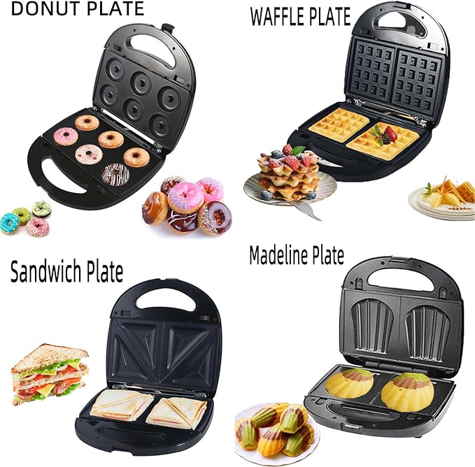 10 in 1 Waffle Maker with Removable Plates, 750W Electric Breakfast Sandwich Maker with Non Stick Coating, Compact Dual Panini Press Grill Machine for Donuts, Madeleine, Burgers, Snacks and Desserts