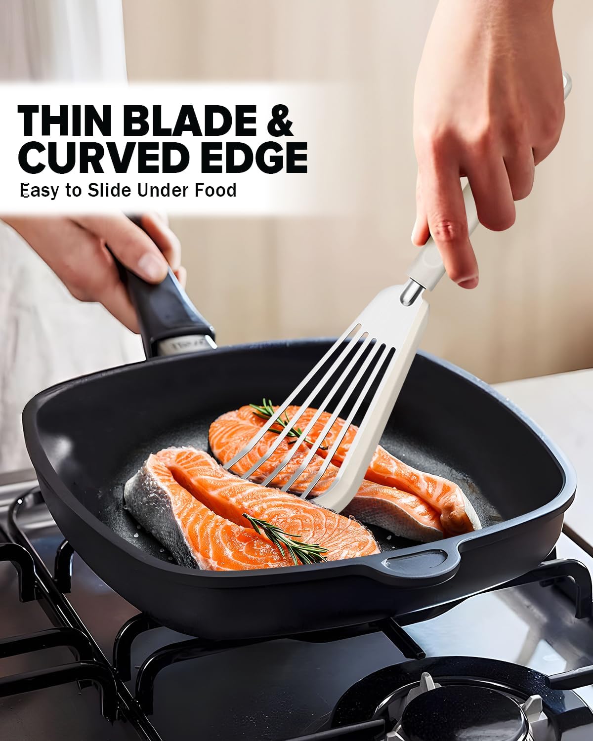 Silicone Fish Spatula Turner Set of 2, Thin Slotted Spatulas Turner for Nonstick Cookware,Heat Resistant Flexible Stainless Steel Kitchen Cooking Spatula Flipper for Fish, Egg, Pancake (KG)