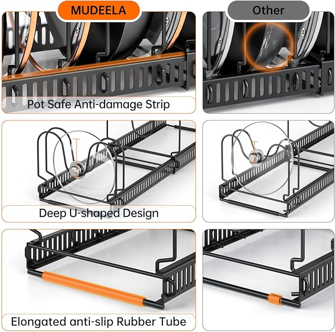 MUDEELA 2 Pack Pots and Pans Organizer Rack for under Cabinet, Expandable Pot Lid Kitchen Cabinet Organizer Holder with 10 Adjustable Compartment Cutting Board Organizer for Pan Lid, Bakeware Sheet