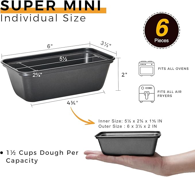 HONGBAKE 6 Pack Mini Loaf Pan for Baking Bread, 6 x 3.3 x 2 Inches Nonstick Small Banana Bread Tins Set for Homemade,Tiny Carbon Steel Meatloaf Pan - Dark Grey
