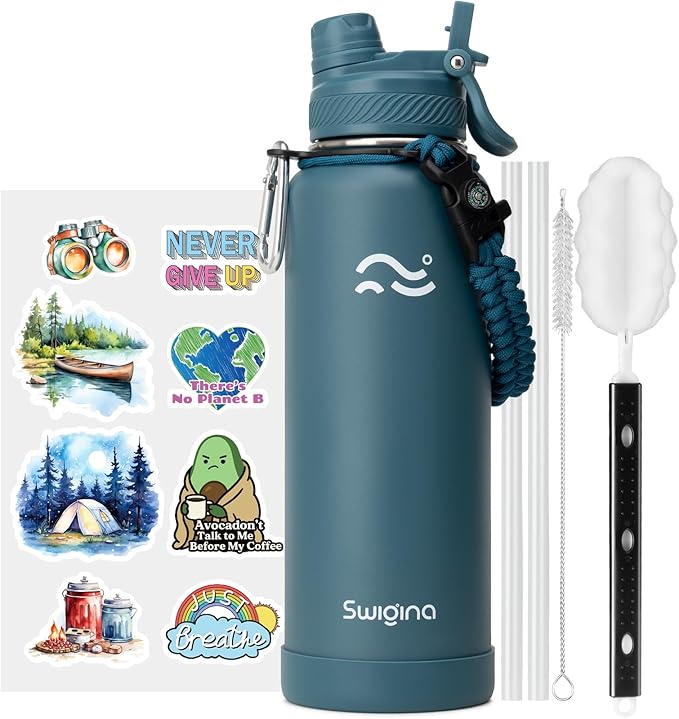 Swigina [2-IN-1 LID] Insulated Water Bottle with Silicone Boot (36hrs Cold/18hrs Hot) - DIY Stickers, Leakproof, BPA Free, 40 oz