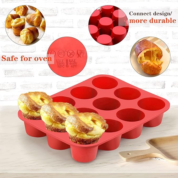 Silicone Muffin Pan, 12-Cup Non-Stick Popover Baking Tray for Muffins, Brownies, Yorkshire Puddings, Red, 12.4 x 9.5 Inch, Set of 2
