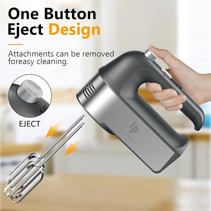 Hand Mixer Electric, 450W Kitchen Mixers with Scale Cup Storage Case, Turbo Boost/Self-Control Speed + 5 Speed + Eject Button + 5 Stainless Steel Accessories, For Easy Whipping Dough, Cream, Gray