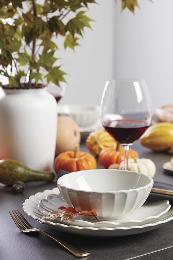 Lenox Stoneware Dinnerware Sets, French Perle Scallop White 12-Piece Dinnerware Set for 4, Service For 4, Dishwasher Safe Dishware, Dishes Set, Stoneware Dinner Plates and Bowls Sets (White, 12 Piece)