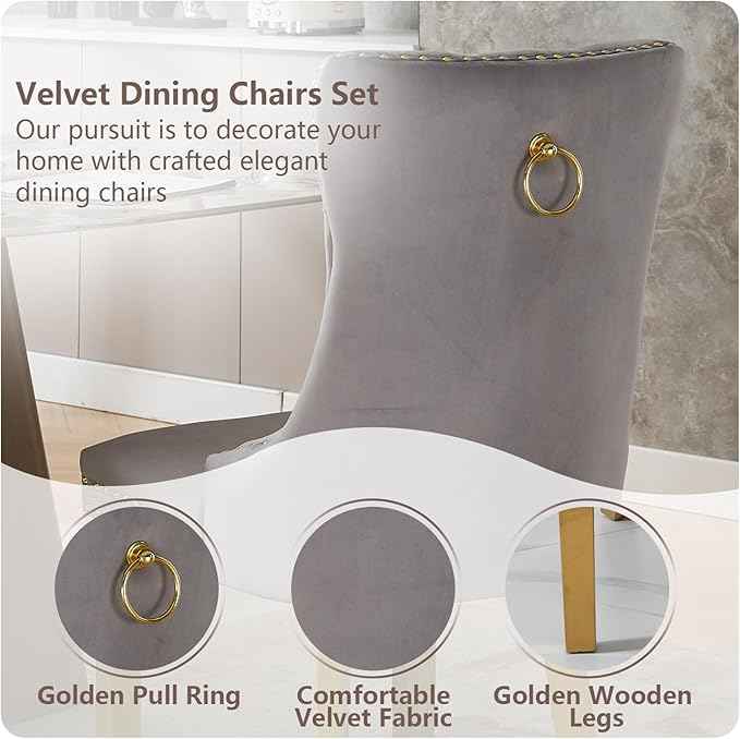 Velvet Dining Chairs Set of 2, Kitchen & Dining Room Chairs, Upholstered Dining Chairs with Back Ring Pull and Golden Solid Wood Legs, Modern Tufted Kitchen Chairs for Dining Room, Light Grey