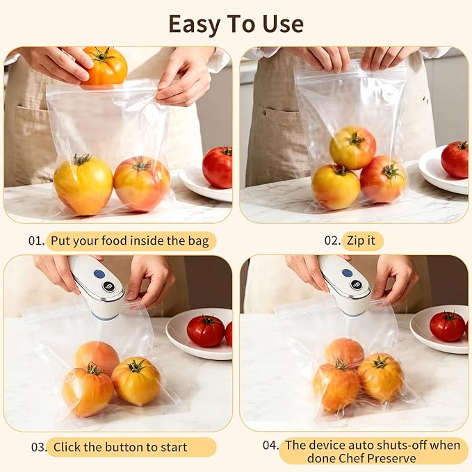 Handheld Compact Vacuum Sealer for Food, Long-Lasting Fast-Sealing Portable Food Saver with Battery Display, Dry/Moist Modes, Includes 10 Reusable Bags for Sous Vide, Meat, Leftovers, Easy Clean