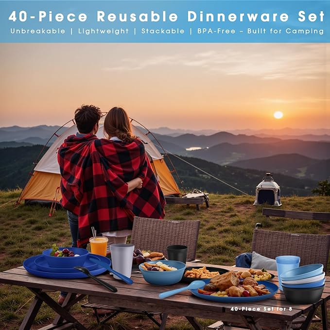 40 Piece Plastic Dinnerware Set for 8 with Cutlery, Unbreakable Plates and Bowls Set, Dishwasher & Microwave Safe Reusable Dish Set for Camping, RV, Outdoor Kitchen, Apartment Dining,Ocean Multicolor