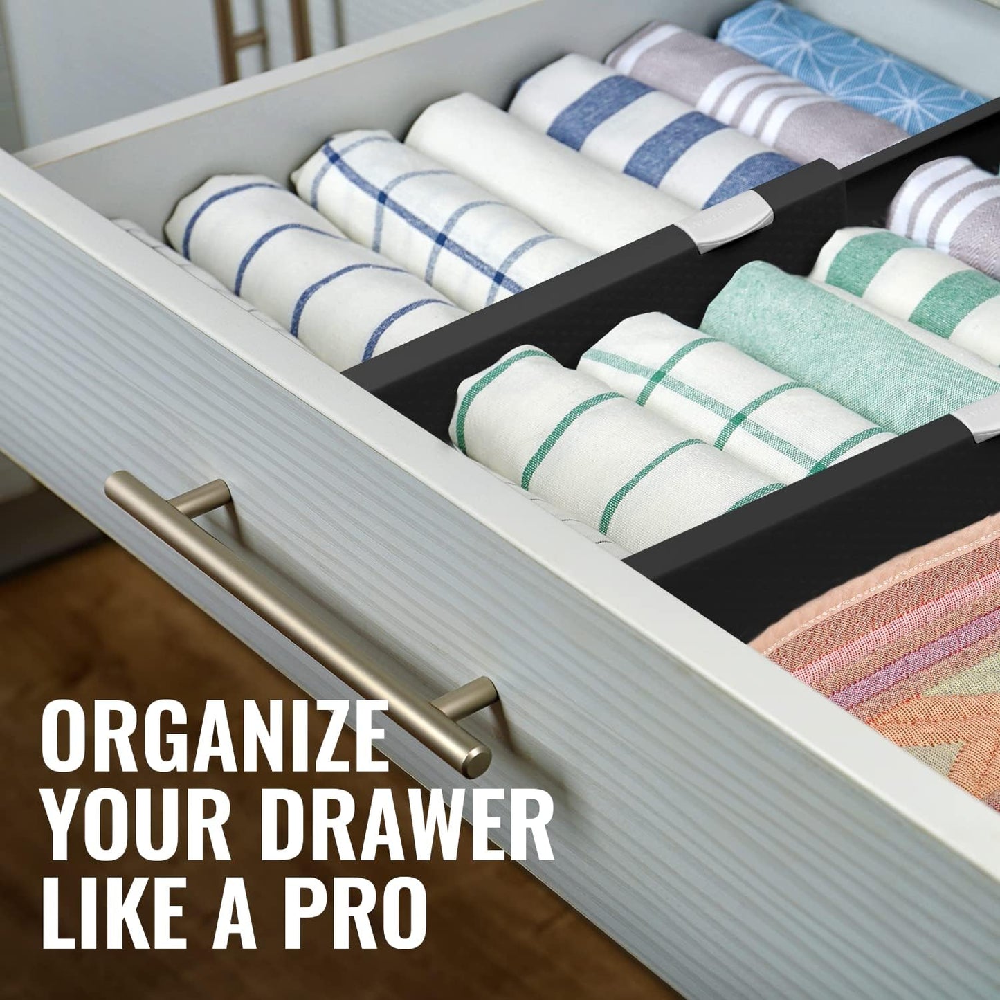 RAPTUROUS Deep Drawer Dividers 8 Pack, 6 Inch Tall, 13-22 Inch Long Expandable, Adjustable Drawer Organizer for Clothing, Dresser, Kitchen, Strong Hold, Soft Foam Edges, Black