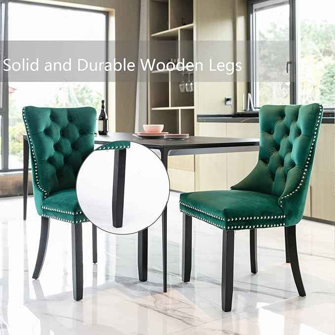 Green Velvet Dining Chairs Set of 6, Upholstered Dining Room Chairs with Back Ring Pull Trim and Solid Wood Legs, Tufted Wingback Kitchen Chairs for Dining Room,Living Room,Kitchen(Green)