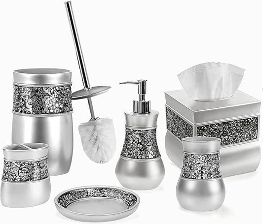 Creative Scents Crackled Glass Silver Bathroom Accessories Set - 6 Piece Bathroom Set Includes: Toilet Brush and Holder Set, Tissue Box Cover, Toothbrush Holder, Soap Dispenser, Soap Dish & Tumbler