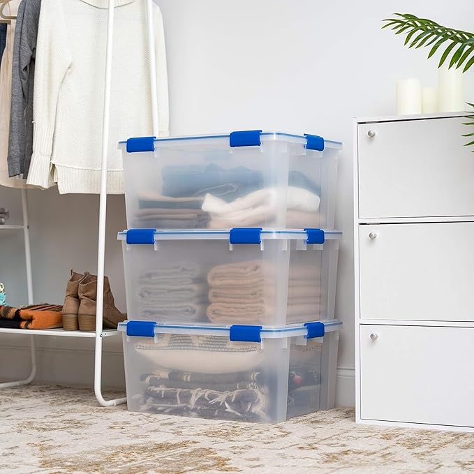 IRIS USA 60 Quart WEATHERPRO Plastic Storage Box with Durable Lid and Seal and Secure Latching Buckles, 3 Pack, Weathertight, Keep Pest Dust and Moisture Out, for Oversized Bulky Items, Clear/Blue