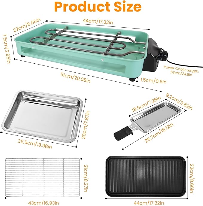 KOCASO 2-IN-1 Indoor Electric Grill, 2000W Electric Indoor Grill & Raclette, 5 Temp Control 176°F-392°F, Removable Non-Stick Plates & 3 Cheese Trays, Dishwasher Safe, for Family Party BBQ
