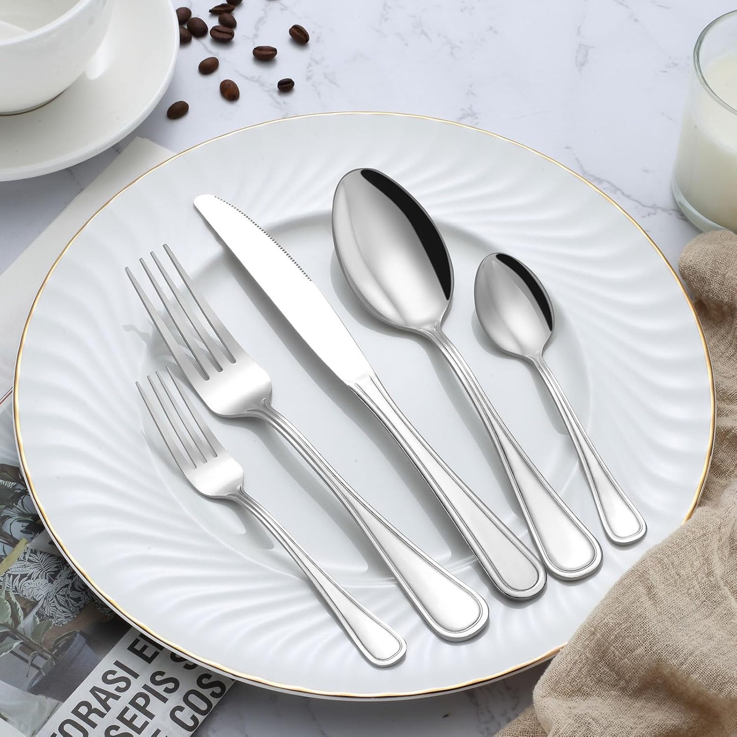 BEWOS 24-Piece Silverware Set, 7.5-inch Dinner Spoons, Stainless Steel, Mirror Polished, Dishwasher Safe, Multipurpose