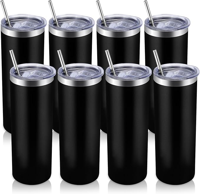 Volhoply 8 Pack Skinny Tumblers with Lid and Straw, 20oz Stainless Steel Straight Tumbler Bulk, Vacuum Insulated Coffee Mug for Home, Office, Travel, DIY (Black,8 Pack)